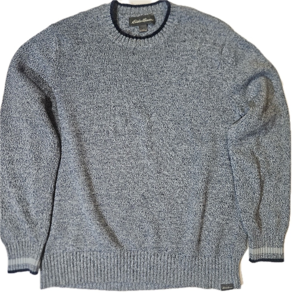 Eddie Bauer Sweater Mens Large Blue Marbled Cotton Crewneck Pullover Knit Casual